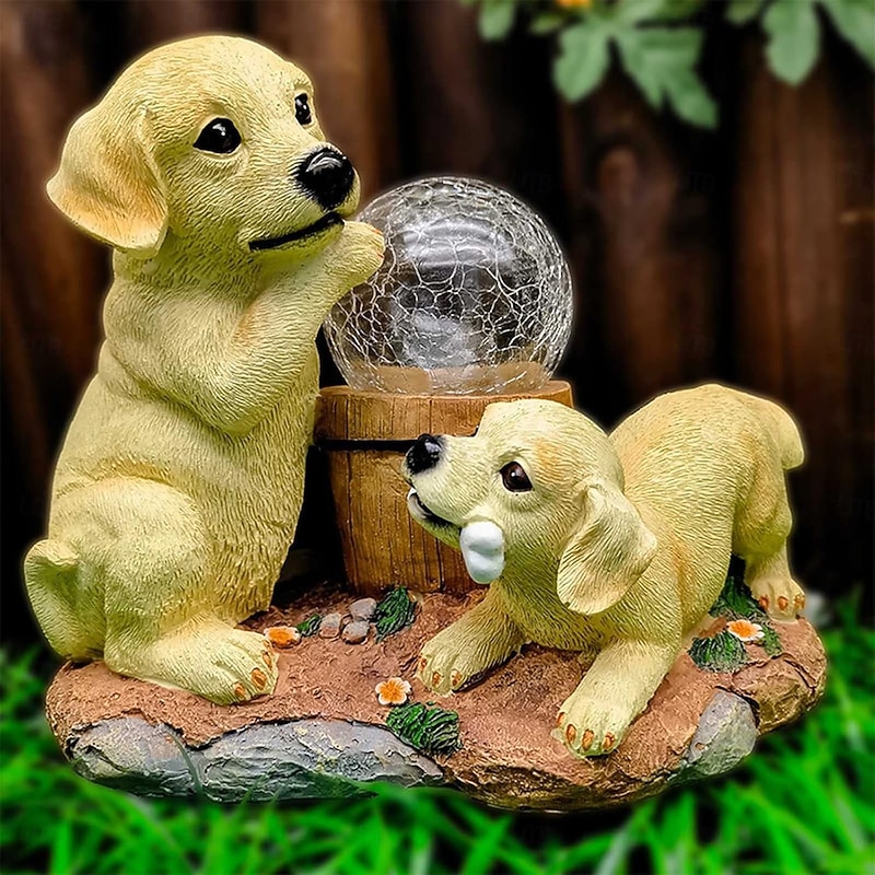 1 Pc Outdoor Solar Waterproof Two Puppies Luminous Spherical Statue Light Courtyard Garden Lawn Path Courtyard Resin Ornament Light Landscape Decoration Light4