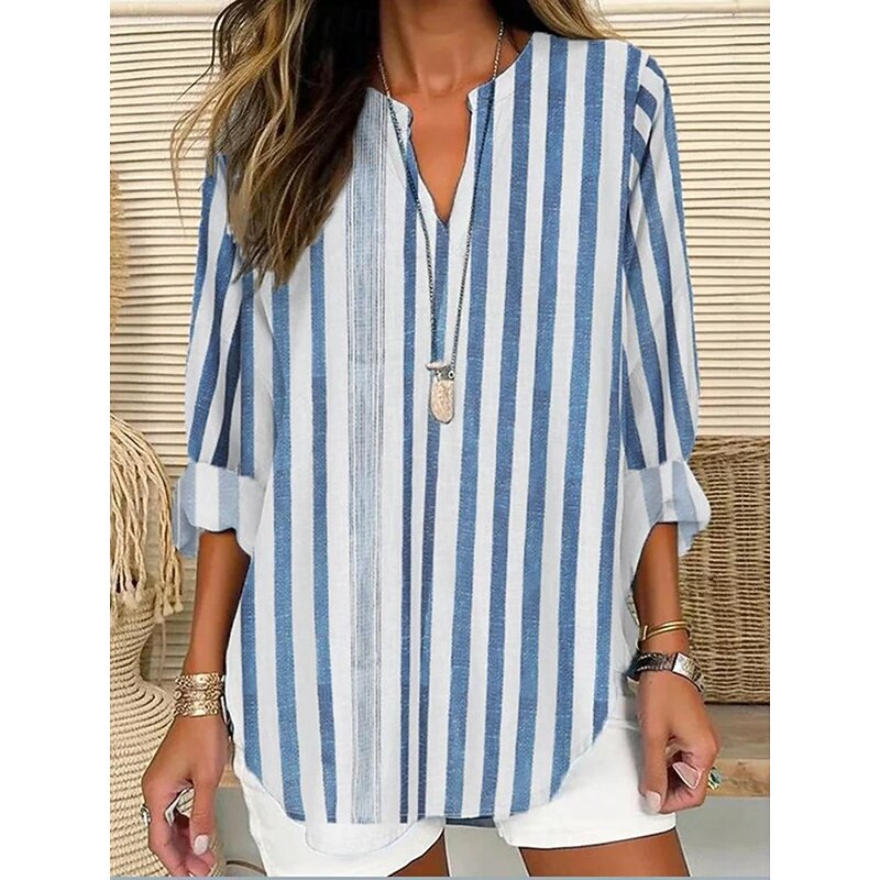 Women's Shirt Floral Striped Stylish Modern Long Sleeve V Neck Regular Tops Daily Holiday Buttons Print Pink Royal Blue Blue Gray Summer