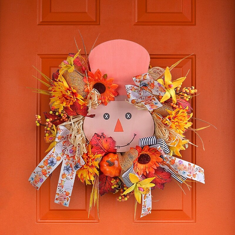 Fall Wreath for Front Door Thanksgiving Autumn Farmhouse Indoor Outdoor Decoration, Rustic Harvest Wooden Sign and Pumpkin Floral Wreath, Halloween Party Door Hanging Decor
