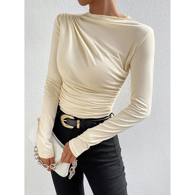 Women's Blouse Solid Color Elegant Stylish Basic Long Sleeve Crew Neck Regular Tops Daily Ruched Black White Brown Light Grey Apricot Summer Spring4