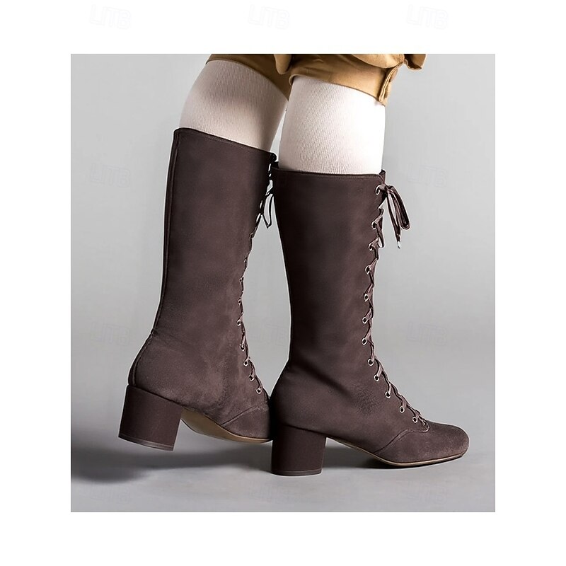 Women's Black Lace-Up Knee-High Boots – Vintage Chunky Heel Faux Suede Boots for Autumn Winter Fashion3