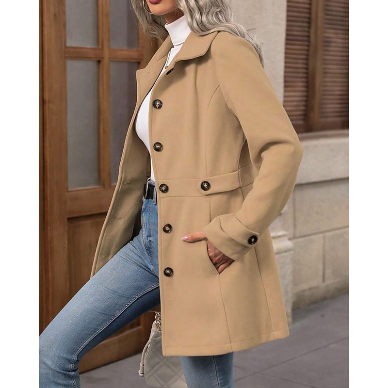 Women's Winter Coat Coat Warm Comfortable Buttons Fashion Plain Vacation Casual Daily Single Breasted Long Turndown Regular Fit Long Sleeve Outerwear Khaki Fall Winter4