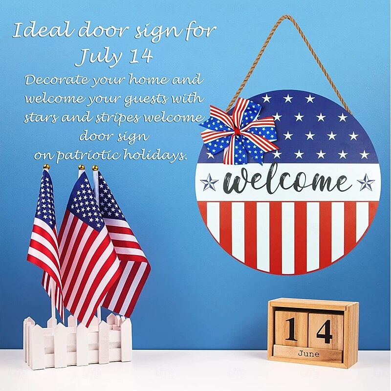 Patriotic Welcome Sign for Front Door 4th of July Independence Day Wreath Decorations  Outdoor Door Hanger for Porch, Wall, Window 12"4