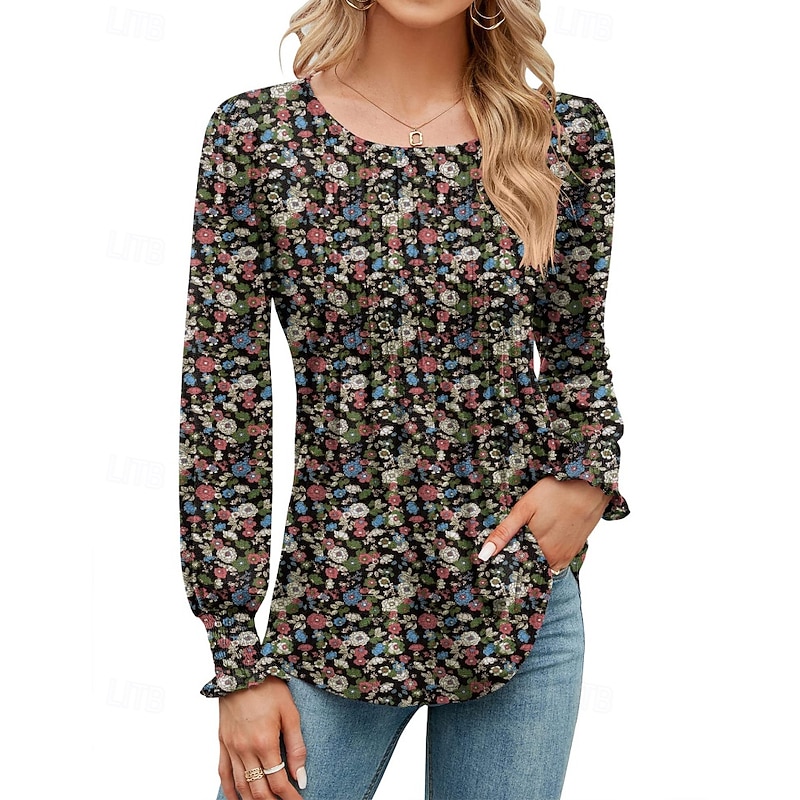 Women's Blouse Flower Modern Casual Long Sleeve Crew Neck Regular Tops Daily Holiday Print Black Yellow Army Green Fall3