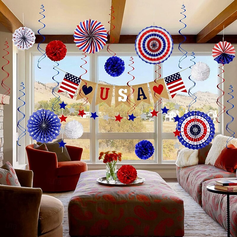 26Pcs Patriotic Decorations 4th of July Decorations LOVE USA Banner Red White Blue Paper Fans Star Streamer Pom Poms Hanging Swirls for Veterans Labor Presidents Flag Memorial Day2