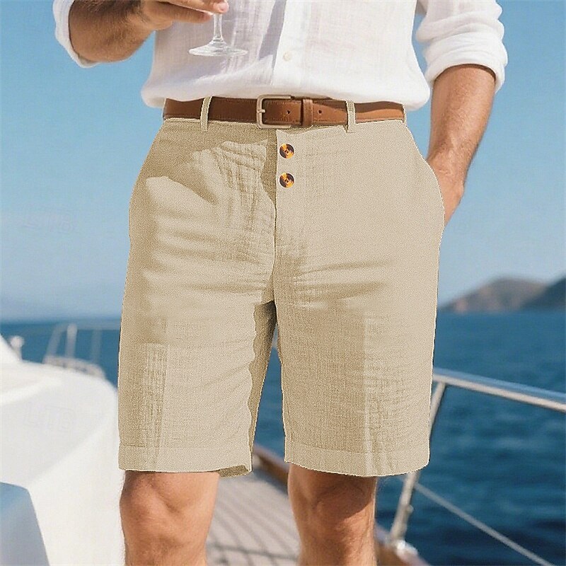 Men's Shorts Linen Shorts Summer Shorts Beach Shorts Pocket Plain Comfort Breathable Knee Length Vacation Holiday Beach Hawaiian Boho Black White2
