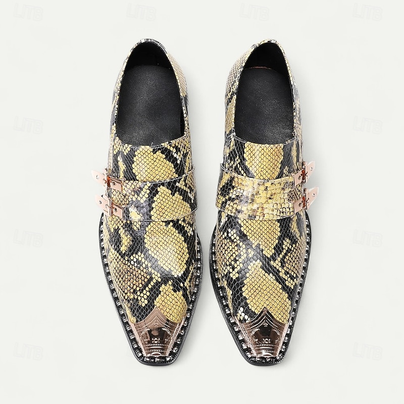Men's Snakeskin Print Leather Dress Shoes – Premium Cowhide Formal Loafers with Double Metal Buckles Pointed Toe and Stud Accents for Evening Banquets Fashion Galas and Masquerade Parties4