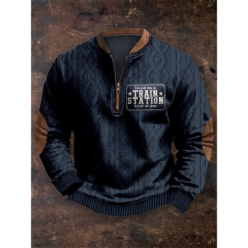 Men's Sweatshirt Quarter Zip Sweatshirt Navy Blue Khaki Half Zip Color Block Letter Ribbed Textured Knit-texture Sports & Outdoor Daily Holiday Polyester Vintage Streetwear Casual Fall & Winter2