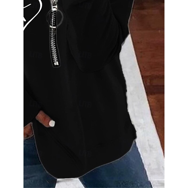 Women's Blouse Heart Daily Stylish Long Sleeve Crew Neck Regular Tops Daily Going out Print Quarter Zip Black Spring Fall2