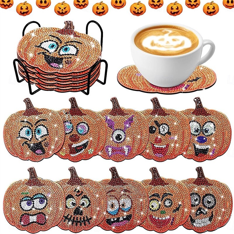 10pcs Halloween Pumpkin Wooden Coaster Set, Handmade DIY Dot Diamond Art Cup Mats, Insulated Non-slip Drink Coasters with Stand for Party Table Decor