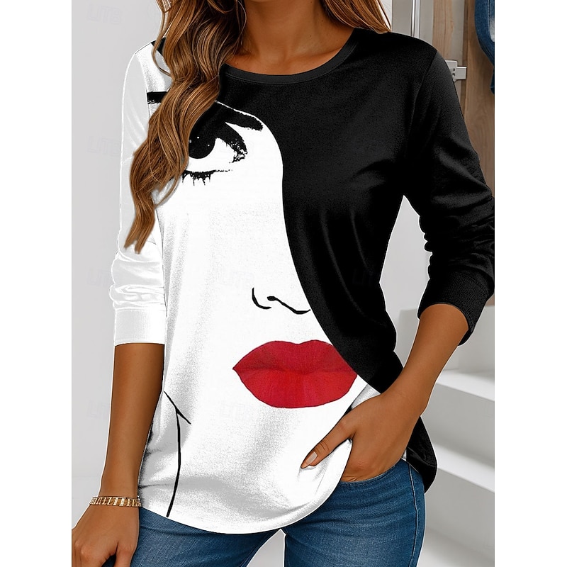 Women's T shirt Long Sleeve Crew Neck Long Sleeve Tunic Graphic Abstract Vintage Stylish Classic Regular Tops Daily Weekend Print White  Prefall
