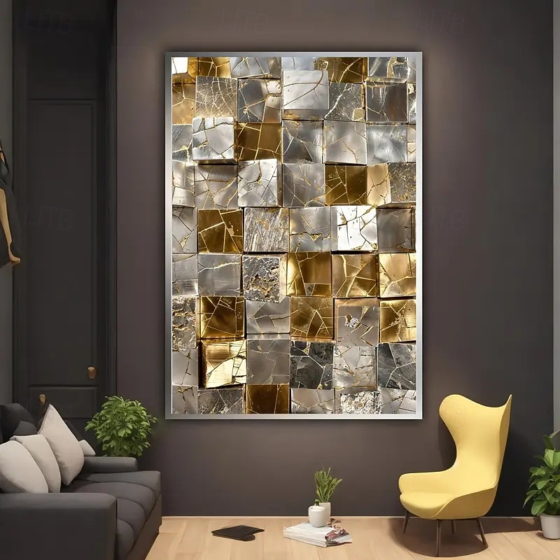 1pcs Frameless Abstract Metal Cube Mosaic Wall Painting Modern Canvas Poster Living Room and Bedroom Decor Artwork4