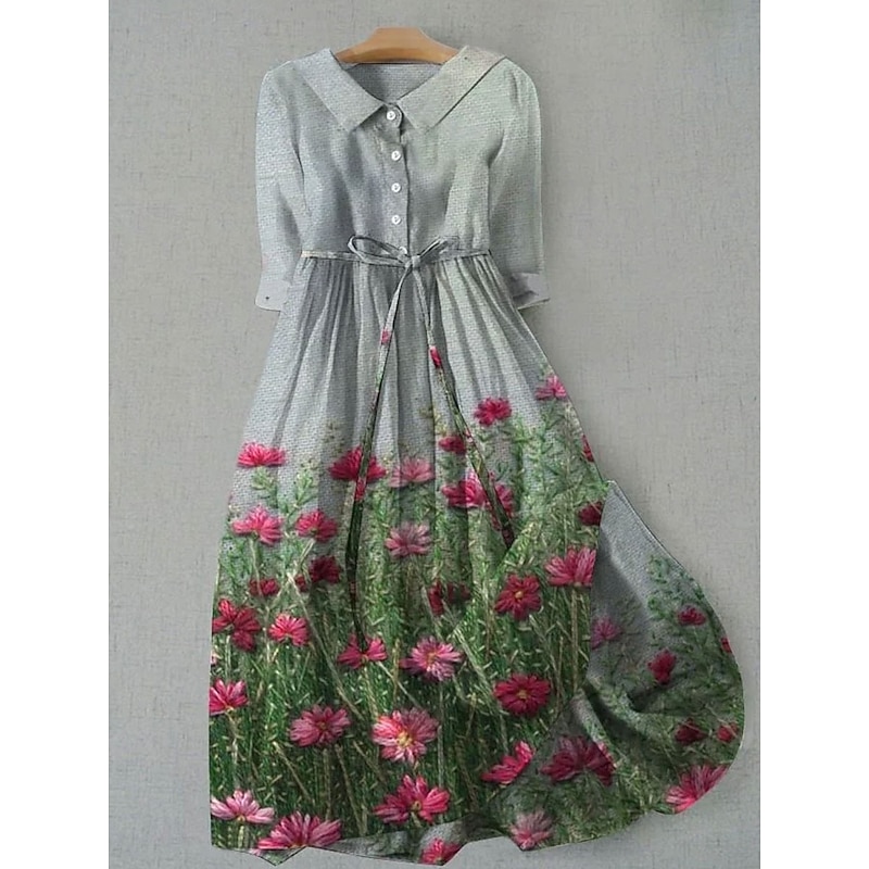 Women's Midi Dress Shift Dress Casual Daily Regular Fit Floral Graphic Half Sleeve Shirt Collar Blue Green Gray Summer Spring2