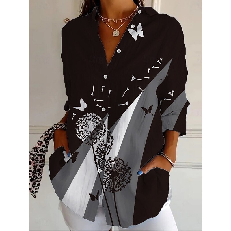 Women's Shirt Geometric Active Daily Stylish Long Sleeve Shirt Collar Regular Tops Daily Holiday Buttons Print Black White Spring Fall2