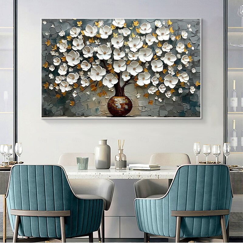 Handmade Original Blooming White Cherry Flowers Oil Painting On Canvas Abstract Floral Wall Art for Home Decor With Stretched Frame Without Inner Frame Painting4