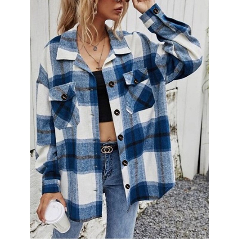 Women's Shirt Jacket Comfortable Breathable Zipper Pocket Casual Plaid Vacation Street Casual Daily Wear Single Breasted Regular Turndown Regular Fit Long Sleeve Outerwear Royal Blue Green Khaki3