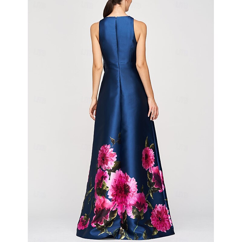 A-Line Evening Gown Elegant Dress Formal Wedding Floor Length Sleeveless High Neck Pocket Satin with Floral Print3