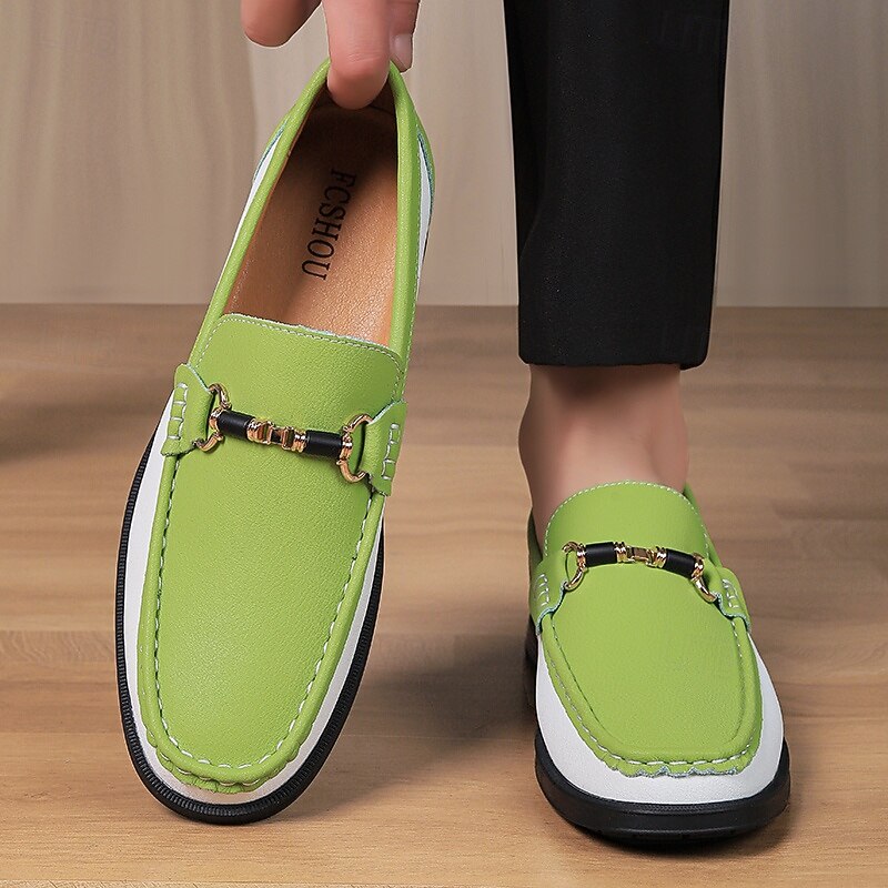 Men's Green and White Faux Leather Moccasin Loafers Fashion Slip-On Driving Shoes for Casual Wear and Spring Outfits2