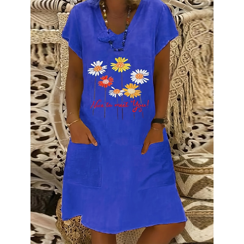 Women's Midi Dress Linen Dress Casual Dress Boho Dress Print Dress Elegant Fashion Classic Puff Sleeve Vacation Holiday Fall Dress Regular Fit Floral Daisy Short Sleeve V Neck Yellow Light Green4