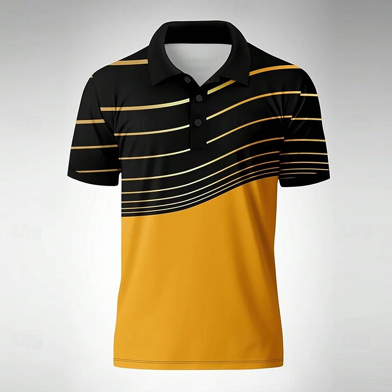 Men's Geometic Line Polo Short Sleeve Polo Shirts Collared Shirts Casual Athleisure Buttons Summer Yellow3