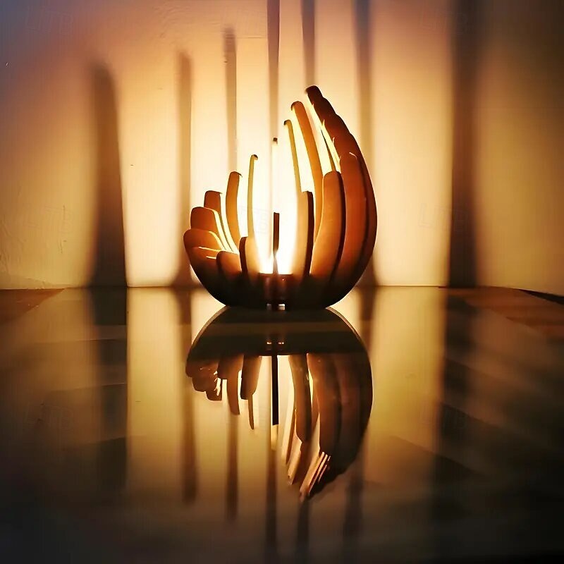 Handcrafted Lotus Wooden Candle Holder, 1pc Decorative Tealight Stand with Layered Petals and Center Tunnel, Safe Battery-Free Tabletop Home Decor3