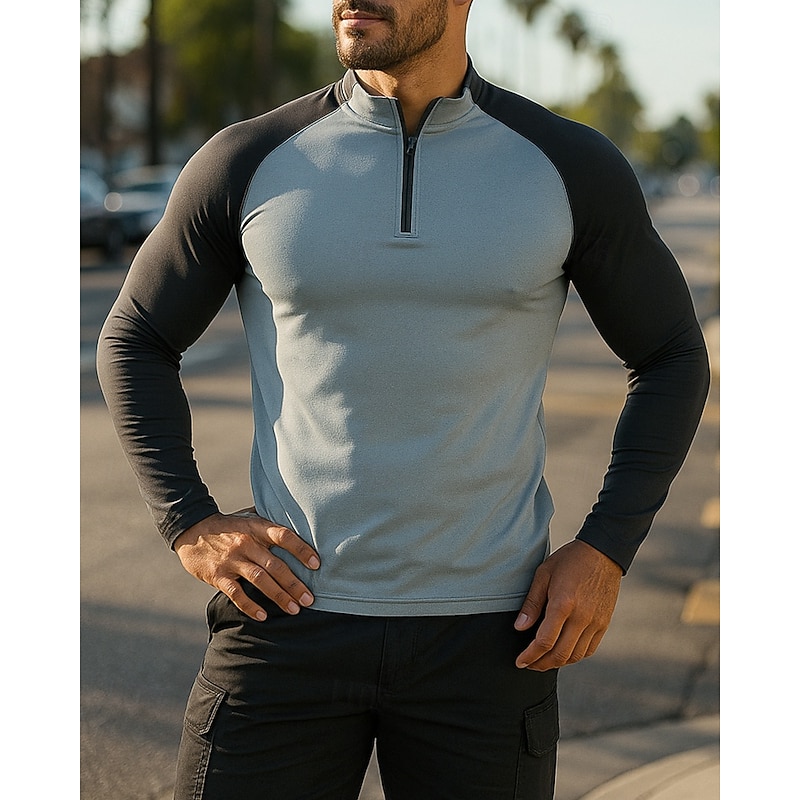 Men's Running Top Running Shirt Quarter Zip Long Sleeve Top Color Block Quick Dry Lightweight Elastic Breathable Tennis Golf Running Sportswear Activewear White Blue Gray3
