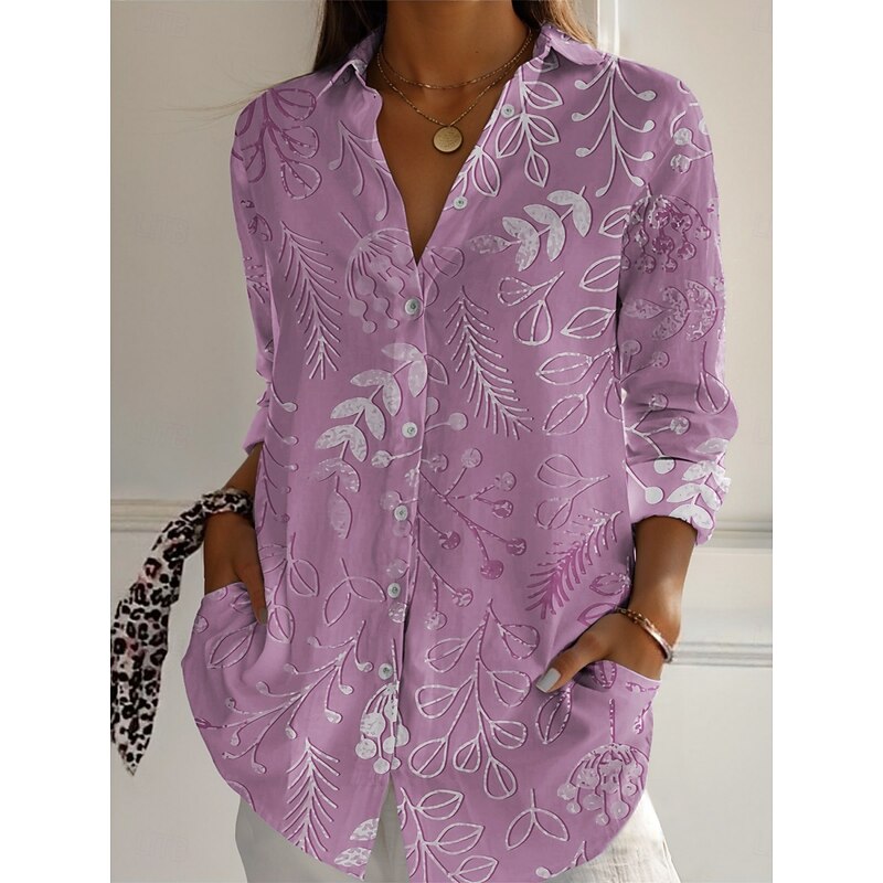 Women's Shirt Leaf Active Daily Stylish Long Sleeve Shirt Collar Regular Tops Daily Holiday Buttons Print Blue Purple Fuchsia Khaki Spring Fall3