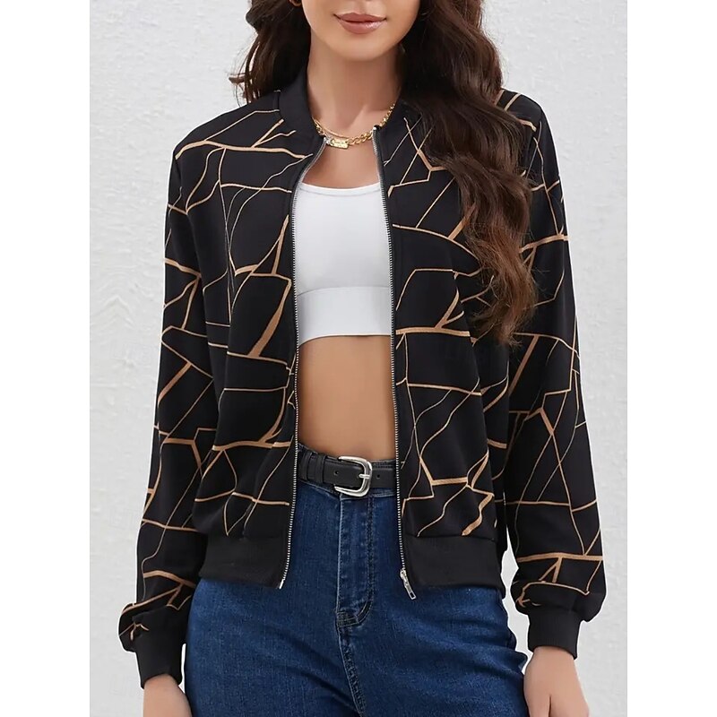 Women's Bomber Jacket Comfortable Breathable Zipper Print Casual Geometric Vacation Street Casual Daily Wear Zipper Regular Stand Collar Regular Fit Long Sleeve Outerwear Black Wine Navy Blue Spring