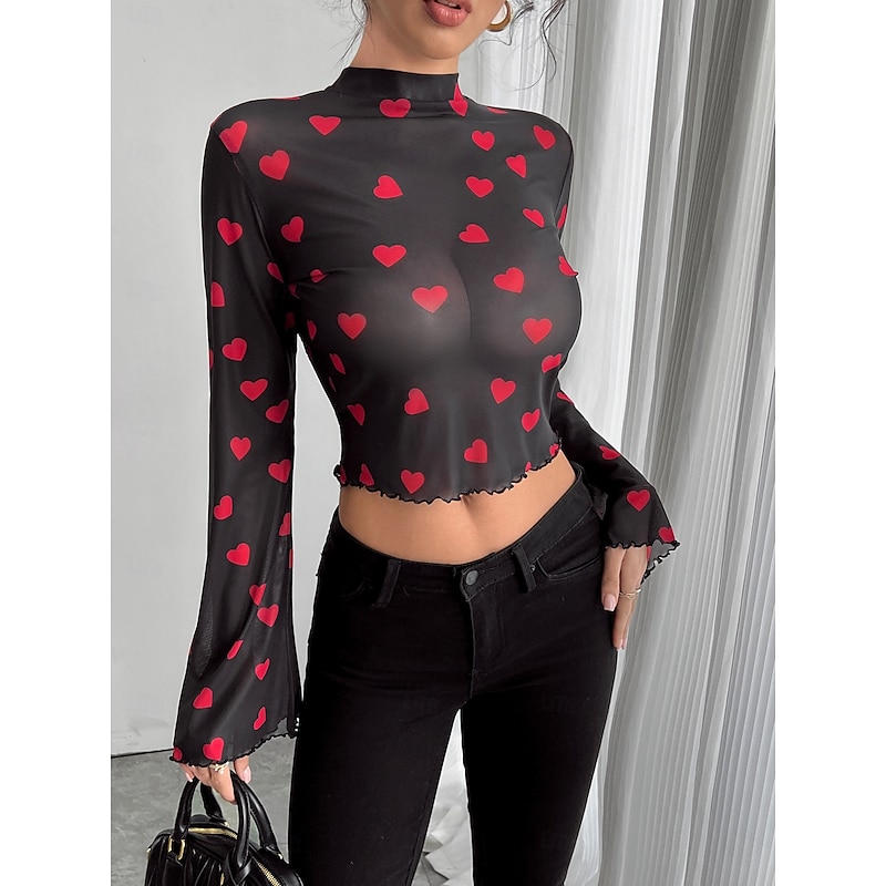 Women's Blouse Heart Daily Stylish Long Sleeve High Neck Crop Tops Daily Holiday Print Black Summer Spring3