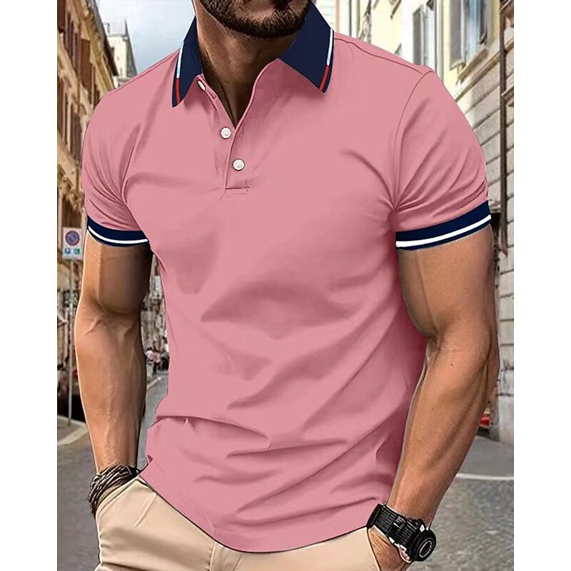 Men's Golf Shirt Golf Polos Shirts Casual Sports Lapel Short Sleeve Basic Modern Color Block Patchwork Buttons Summer Regular Fit Lake blue Wine Denim Blue Black White Pink Golf Shirt