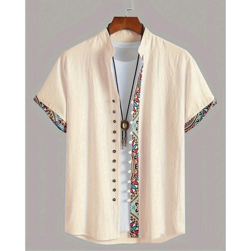 Men's Shirt Linen Shirt Casual Shirt Button Up Shirt Cotton Shirt Color Block Vacation Street Apricot Short Sleeve Band Collar Summer Clothing Apparel Splice
