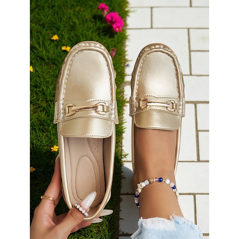 Women's Gold Faux Leather Loafers – Classic Slip-On Moccasin Flats with Metal Detail for Daily Commuting and Weekend Outings4