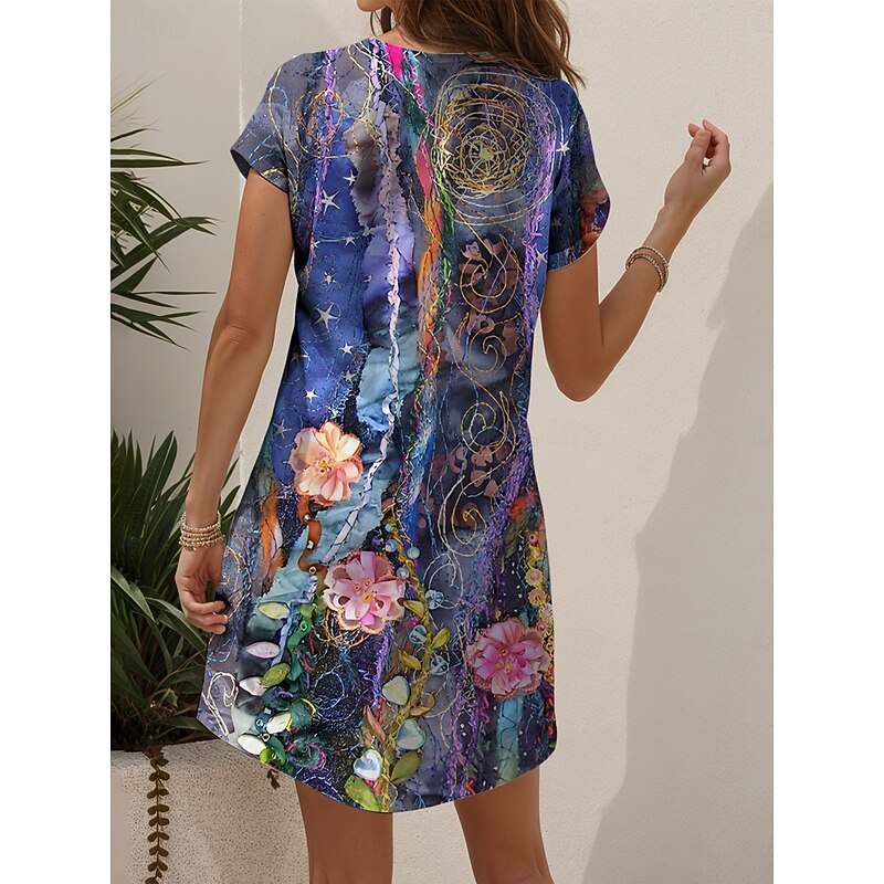Women's Mini Dress T Shirt Dress Tee Dress Sundress A Line Dress Summer Dress Vacation Casual Boho Beach Regular Fit Floral Graphic Abstract Short Sleeve V Neck Yellow Red Blue Purple Summer Spring2