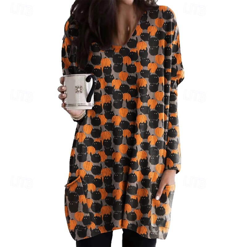 Women's Mini Dress Print Dress Classic Modern Outdoor Daily Holiday Regular Fit Flower Long Sleeve V Neck Light Yellow Black Yellow Orange Fall4