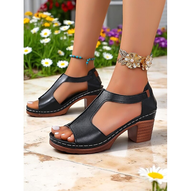 Women's Retro Block Heel Cutout Sandals – Black Faux Leather Comfy Open-Toe Shoes with Chunky Sole for Weekend Markets Outdoor Dining and Garden Parties3