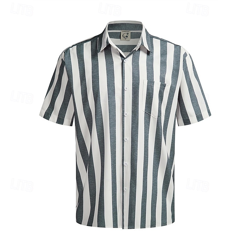 Men's Shirt Summer Shirt Casual Shirt Beach Shirt Button Up Shirt Light Green Blue Green Gray Short Sleeve Stripes Lapel Vacation Hawaiian Clothing Apparel Polyester Fashion Casual Comfortable4