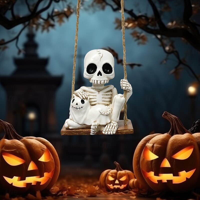Halloween Skeleton and Cat Swing Creative Resin Figurine, Spooky Ghost Head Hanging Ornament, Halloween Resin Home and Party Decoration