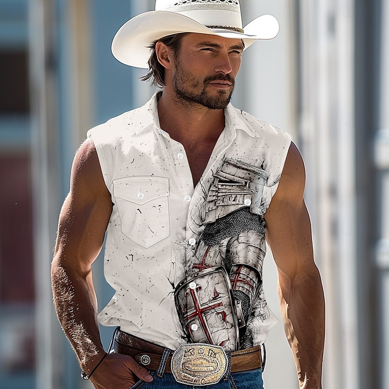 Men's Knights Templar Shirt Western Shirt Cowboy Shirt Sleeveless Western Style Outdoor Work Causal Summer Spring Turndown 3D Print Button Up Shirts White Green Khaki