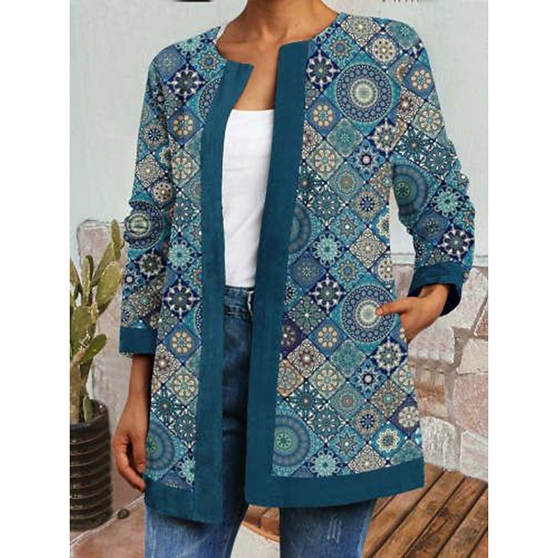 Women's Casual Lightweight Coat Open Front Work Print Geometric Comfortable Boho Vintage Regular Fit Long Sleeve With Pocket Outerwear Long Sleeve Fall Lake blue S - Main Image