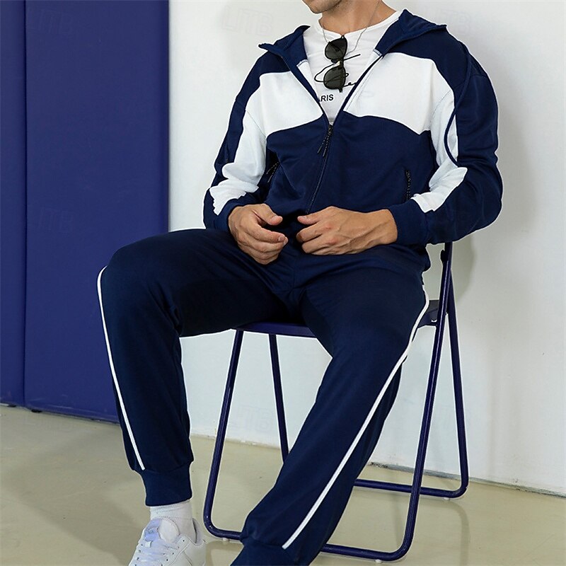 Men's Tracksuit Sweatpants Zip Up Hoodie Pocket Color Block Clothing Suit Fall Black Dark Navy Gym Workout Sports Windproof Long Sleeve Sport Activewear Micro-elastic Regular Fit2
