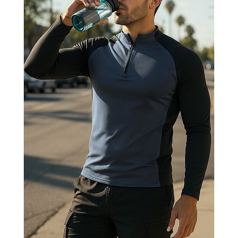 Men's Running Top Running Shirt Quarter Zip Long Sleeve Top Color Block Quick Dry Lightweight Elastic Breathable Tennis Golf Running Sportswear Activewear White Blue Gray4