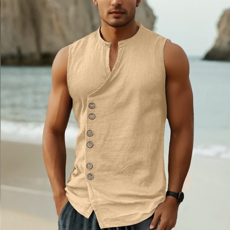 Men's Shirt Linen Shirt Summer Shirt Beach Shirt Vintage Shirt Sleeveless Shirt Plain Vacation Holiday Black White Blue Khaki Sleeveless Mandarin Collar Summer Spring Clothing Apparel Buttons