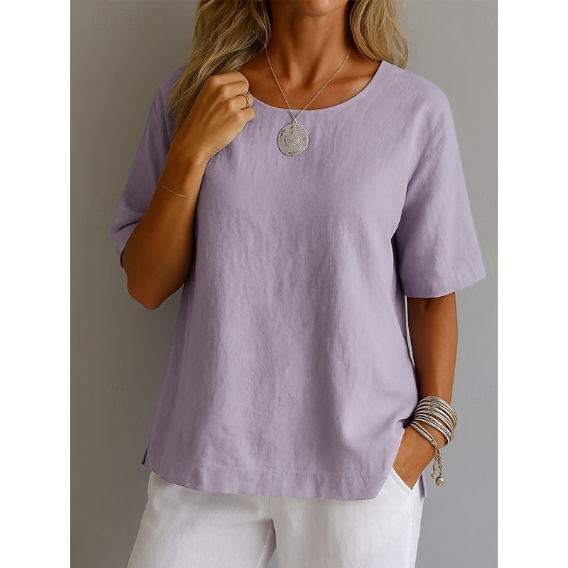 Women's Shirt White Cotton Top Solid Color Elegant Vintage Basic Short Sleeve Crew Neck Regular Tops Daily Going out Weekend White Yellow Pink Purple Green Summer Spring