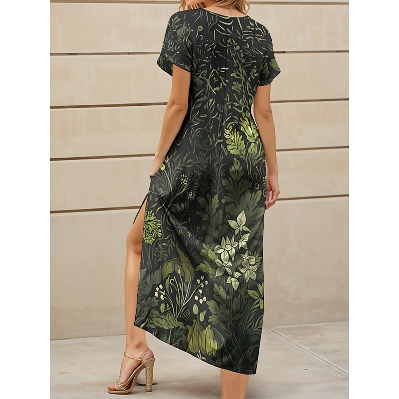 Women's Maxi Dress Knit Dress Casual Dress Sundress A Line Dress Elegant Vacation Casual Beach Regular Fit Floral Graphic Leaf Short Sleeve V Neck Red Blue Purple Green Summer Spring2