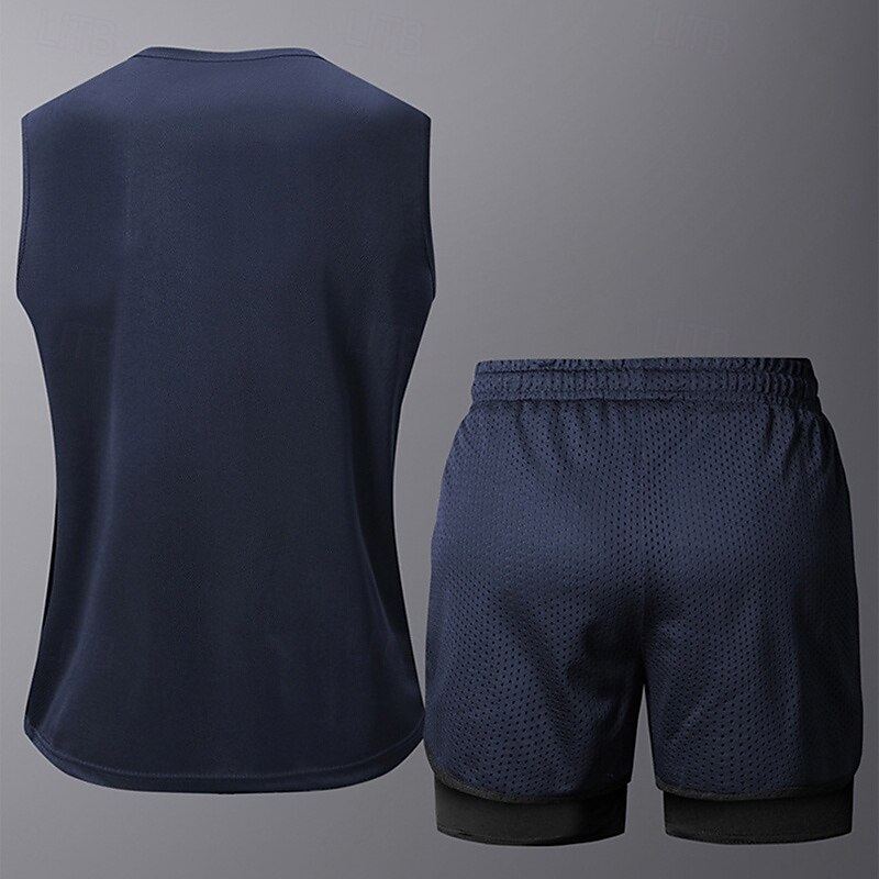 Men's Activewear Set Sport Set Elastic Waistband Solid Colored Clothing Suit Summer Black Dark Gray Gym Workout Sports Soft Quick-drying Sleeveless Sport Activewear Micro-elastic Regular Fit2