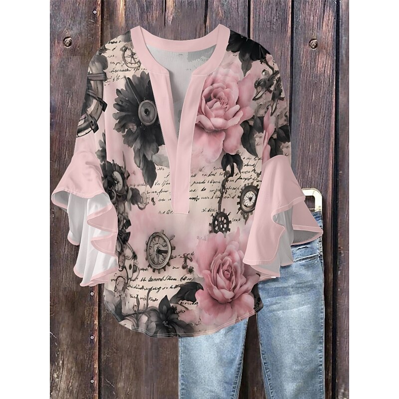 Women's Blouse Floral Stylish Modern 3/4 Length Sleeve V Neck Regular Tops Daily Holiday Ruffle Print Pink Blue Green Apricot Summer2
