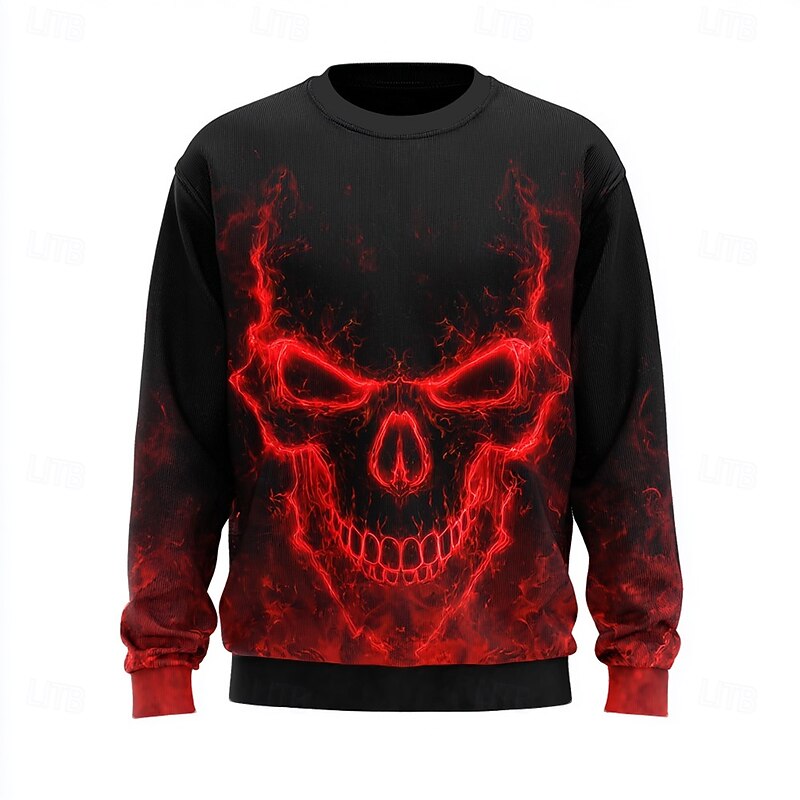 Halloween Men's Skull 3D Sweatshirt Casual Long Sleeve Crew Neck Red Blue Crewneck 3D All Seasons Designer