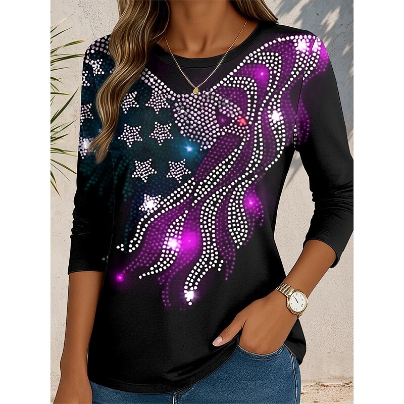 Women's Patriotic T Shirt Graphic Flag Abstract Vintage Stylish Classic  Regular Tops Daily Print Rhinestone Red Blue Purple Green Fall2