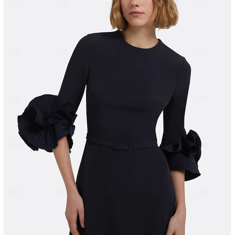 Black A-Line Evening Gown Elegant Dress Formal Wedding Floor Length Long Sleeve Crew Neck Stretch Crepe with Pleats3