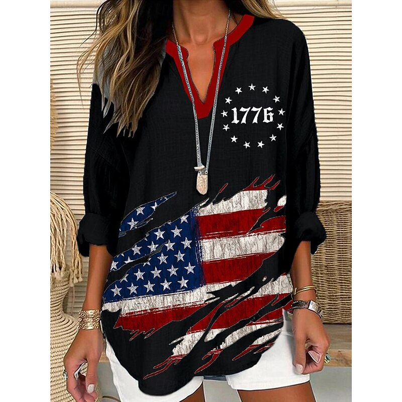Women's Blouse Tunic V Neck Long Sleeve Boho Casual Patriotic Graphic Flag Vintage Tropical Regular Tops Daily Wear Print Black White Red Blue2